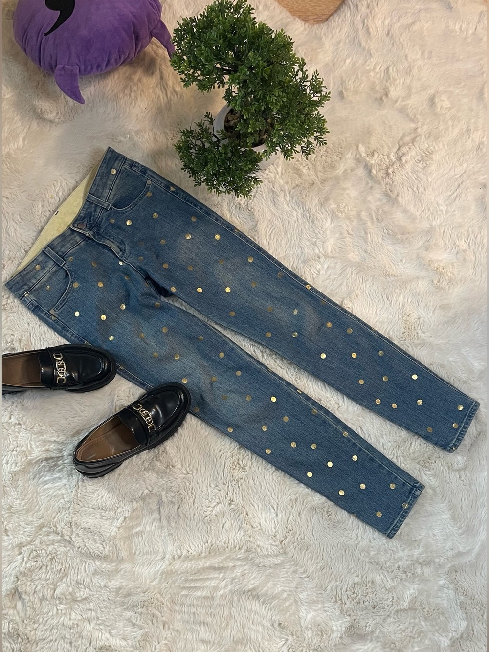 Stella McCartney Gold Foil Polka Dot Skinny Jeans Made in Italy Denim Womens 26